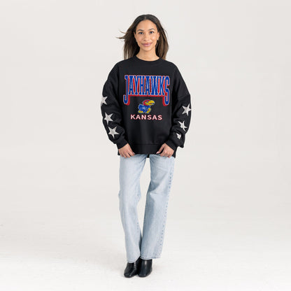 KANSAS JAYHAWKS PURE VICTORY EMBELLISHED STAR SLEEVE CREWNECK PULLOVER