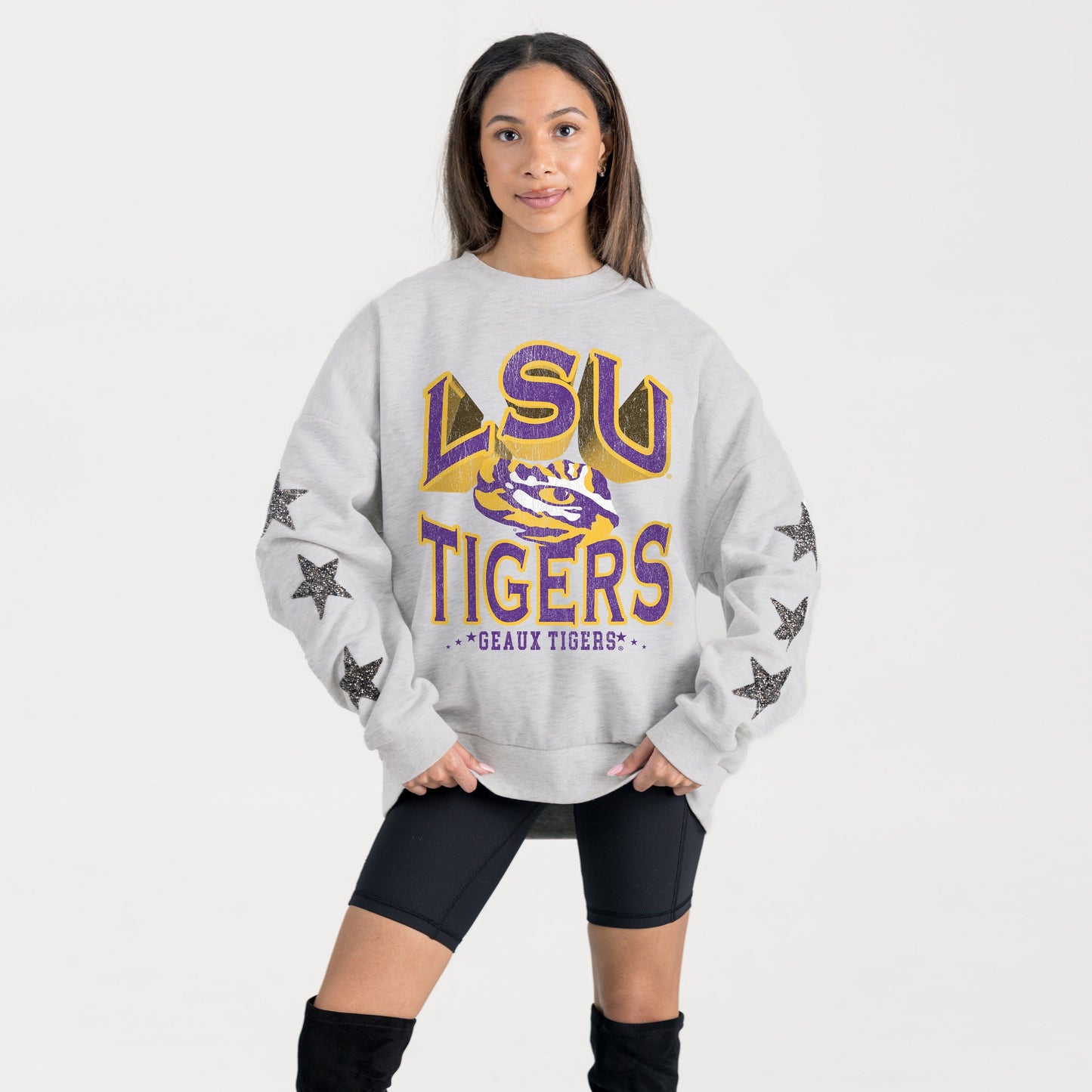 LSU TIGERS RESILIENCE STAR EMBELLISHED CREW SWEATSHIRT