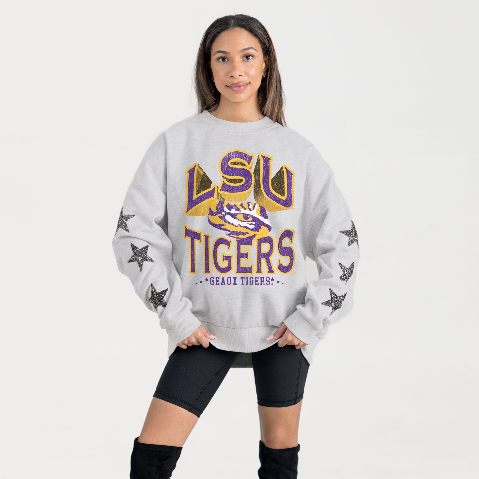 LSU TIGERS RESILIENCE STAR EMBELLISHED CREW SWEATSHIRT