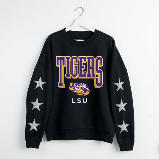 LSU TIGERS PURE VICTORY EMBELLISHED STAR SLEEVE CREWNECK PULLOVER