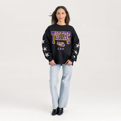 LSU TIGERS PURE VICTORY EMBELLISHED STAR SLEEVE CREWNECK PULLOVER