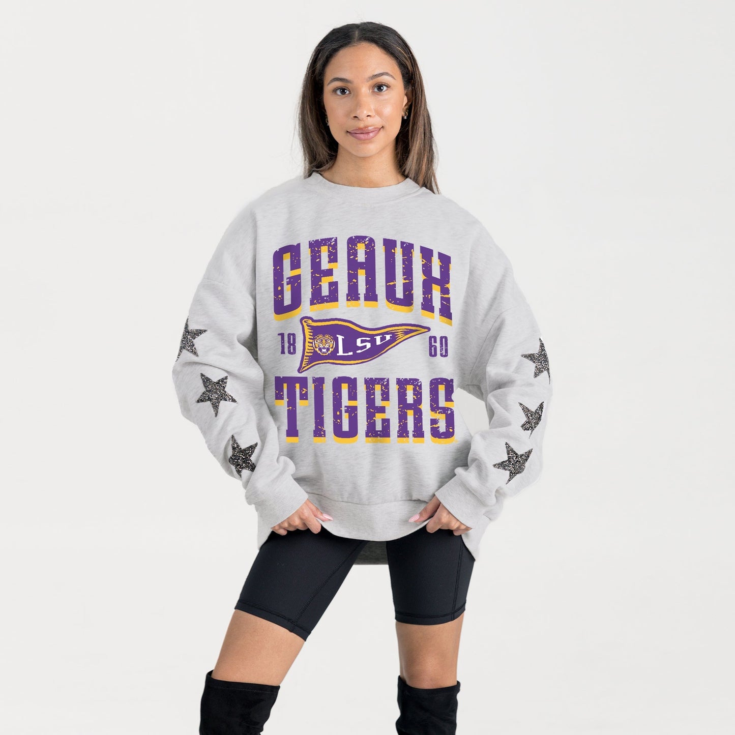 LSU TIGERS PENNANT PRIDE EMBELLISHED STAR SLEEVE CREWNECK PULLOVER