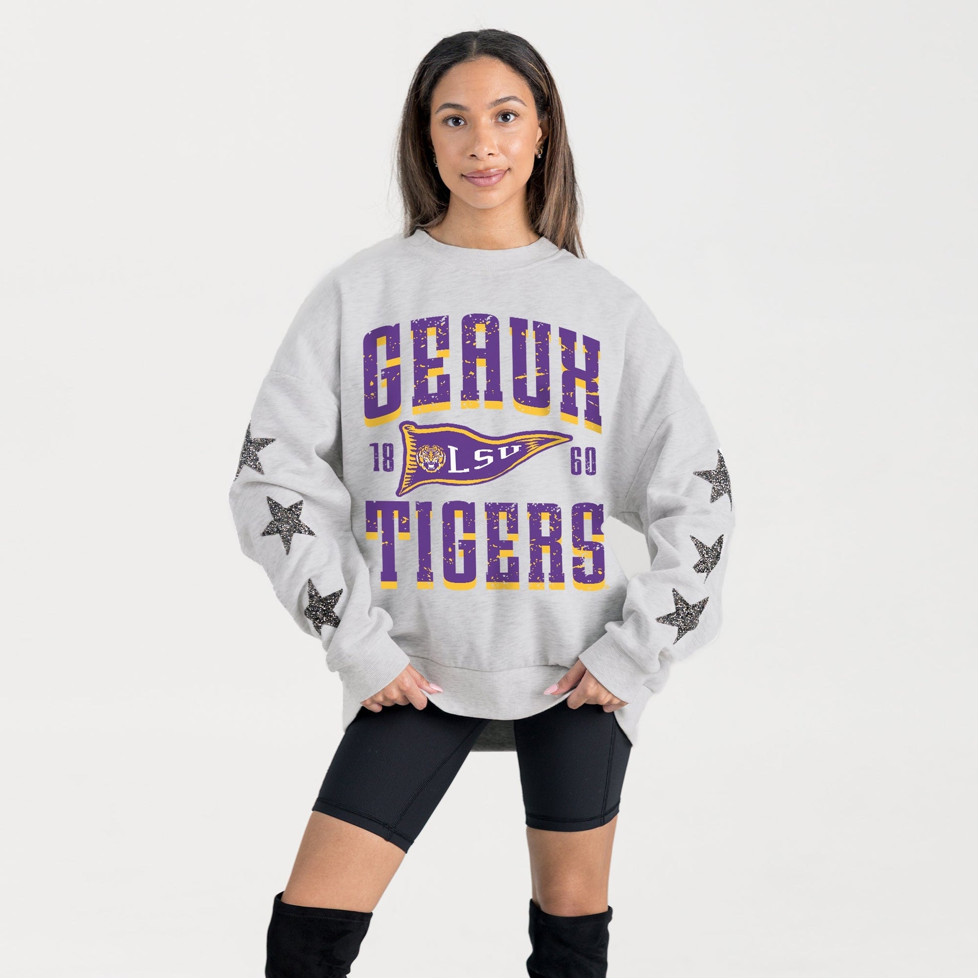 LSU TIGERS PENNANT PRIDE EMBELLISHED STAR SLEEVE CREWNECK PULLOVER