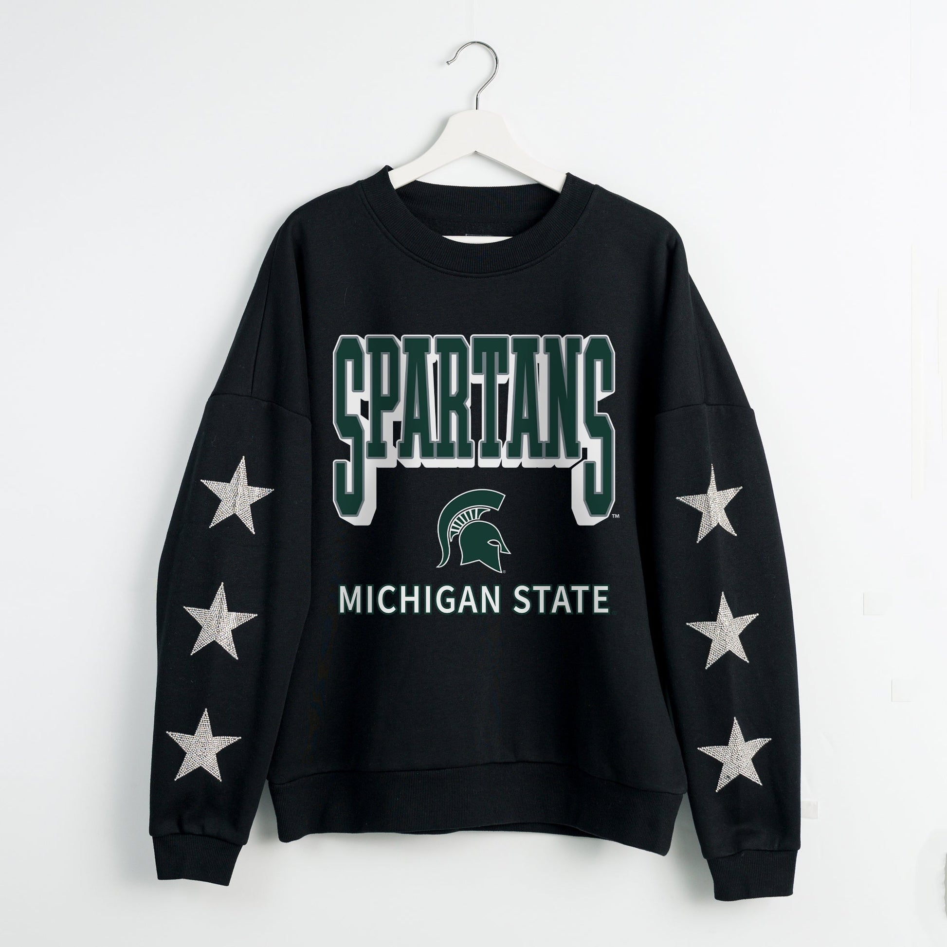 MICHIGAN STATE SPARTANS PURE VICTORY EMBELLISHED STAR SLEEVE CREWNECK PULLOVER