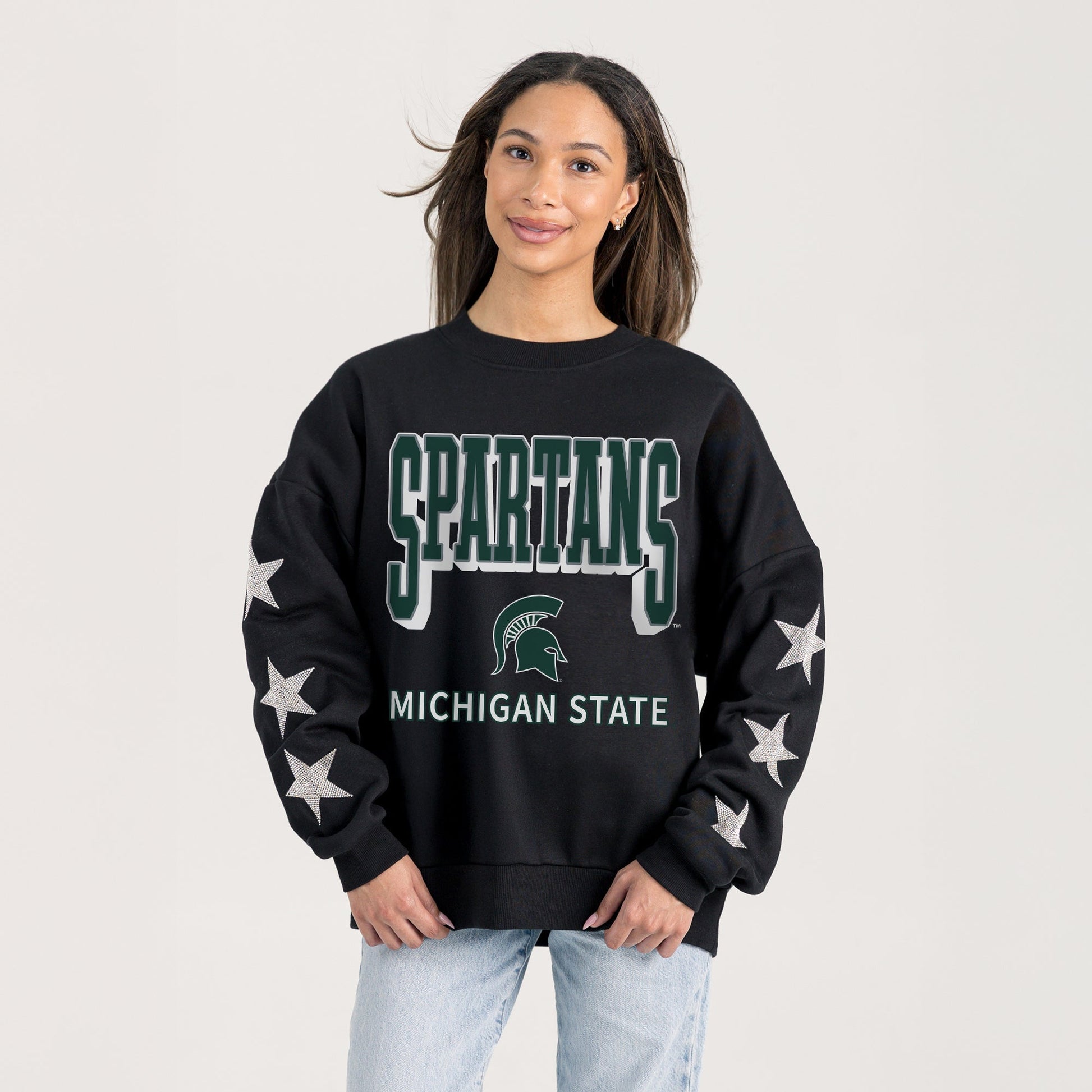 MICHIGAN STATE SPARTANS PURE VICTORY EMBELLISHED STAR SLEEVE CREWNECK PULLOVER