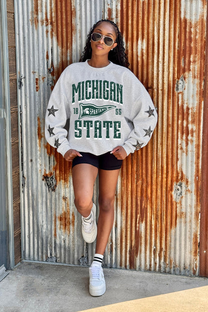 MICHIGAN STATE SPARTANS PENNANT PRIDE EMBELLISHED STAR SLEEVE CREWNECK PULLOVER
