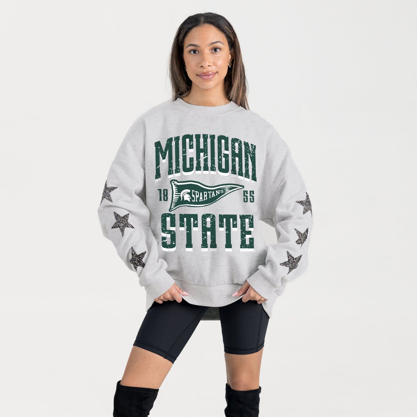 MICHIGAN STATE SPARTANS PENNANT PRIDE EMBELLISHED STAR SLEEVE CREWNECK PULLOVER