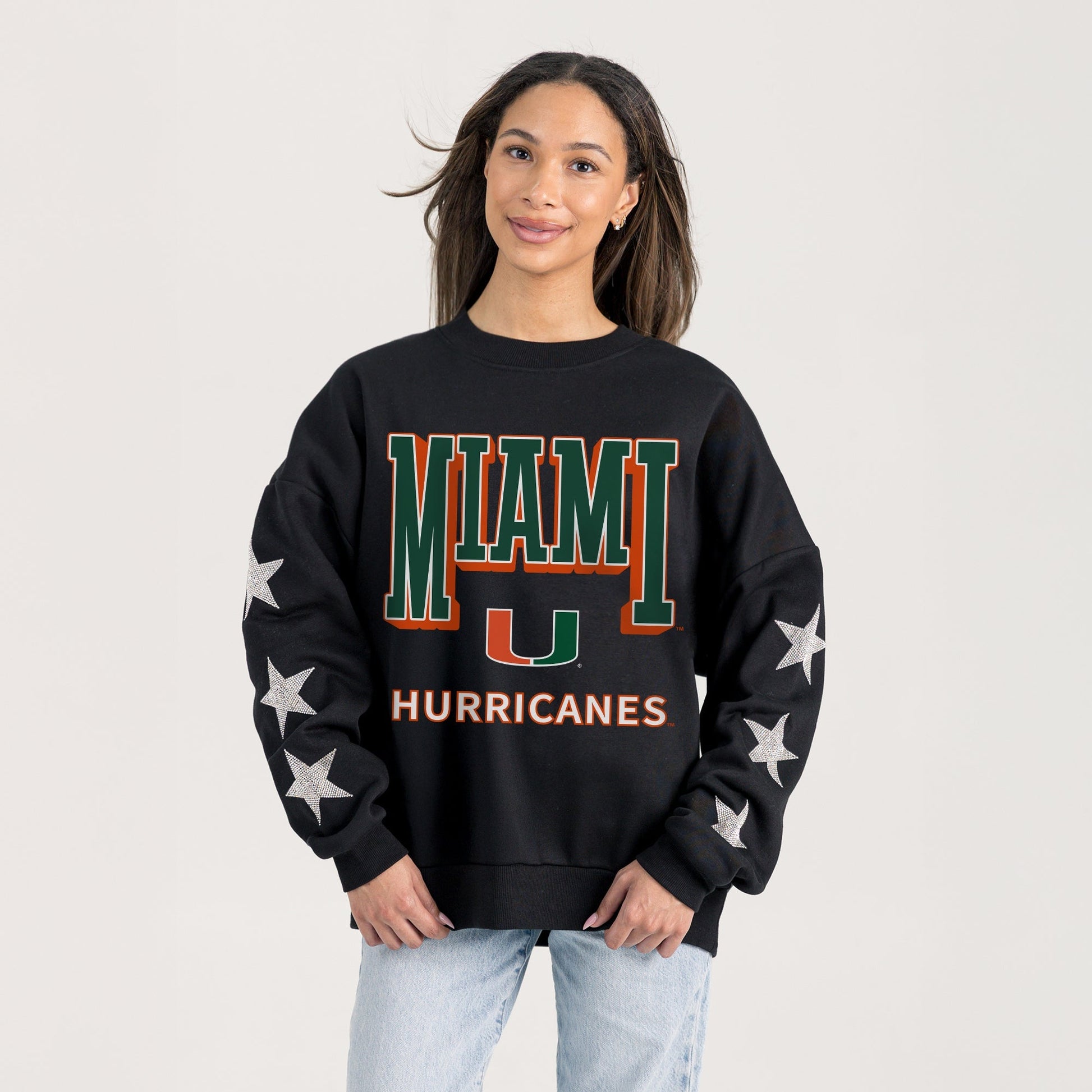 MIAMI HURRICANES PURE VICTORY EMBELLISHED STAR SLEEVE CREWNECK PULLOVER