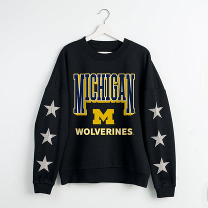MICHIGAN WOLVERINES PURE VICTORY EMBELLISHED STAR SLEEVE CREWNECK PULLOVER