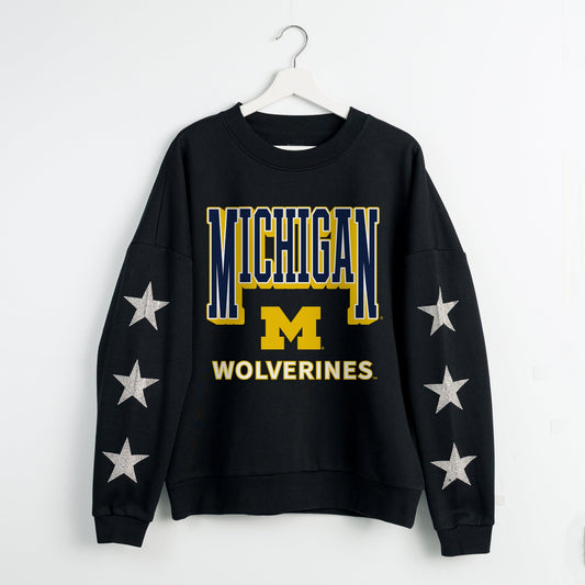 MICHIGAN WOLVERINES PURE VICTORY EMBELLISHED STAR SLEEVE CREWNECK PULLOVER