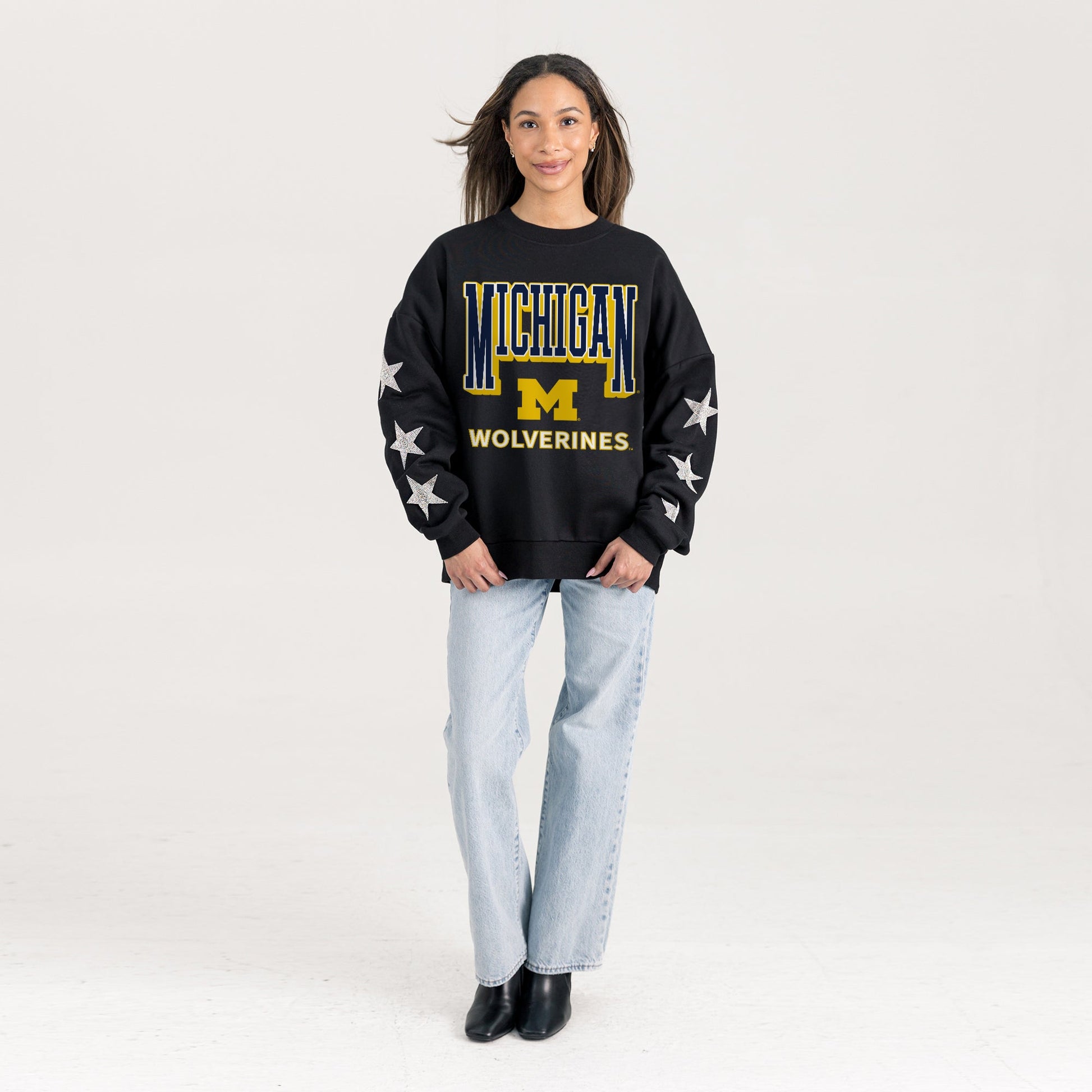 MICHIGAN WOLVERINES PURE VICTORY EMBELLISHED STAR SLEEVE CREWNECK PULLOVER