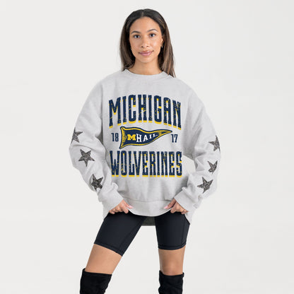 MICHIGAN WOLVERINES PENNANT PRIDE EMBELLISHED STAR SLEEVE CREWNECK PULLOVER