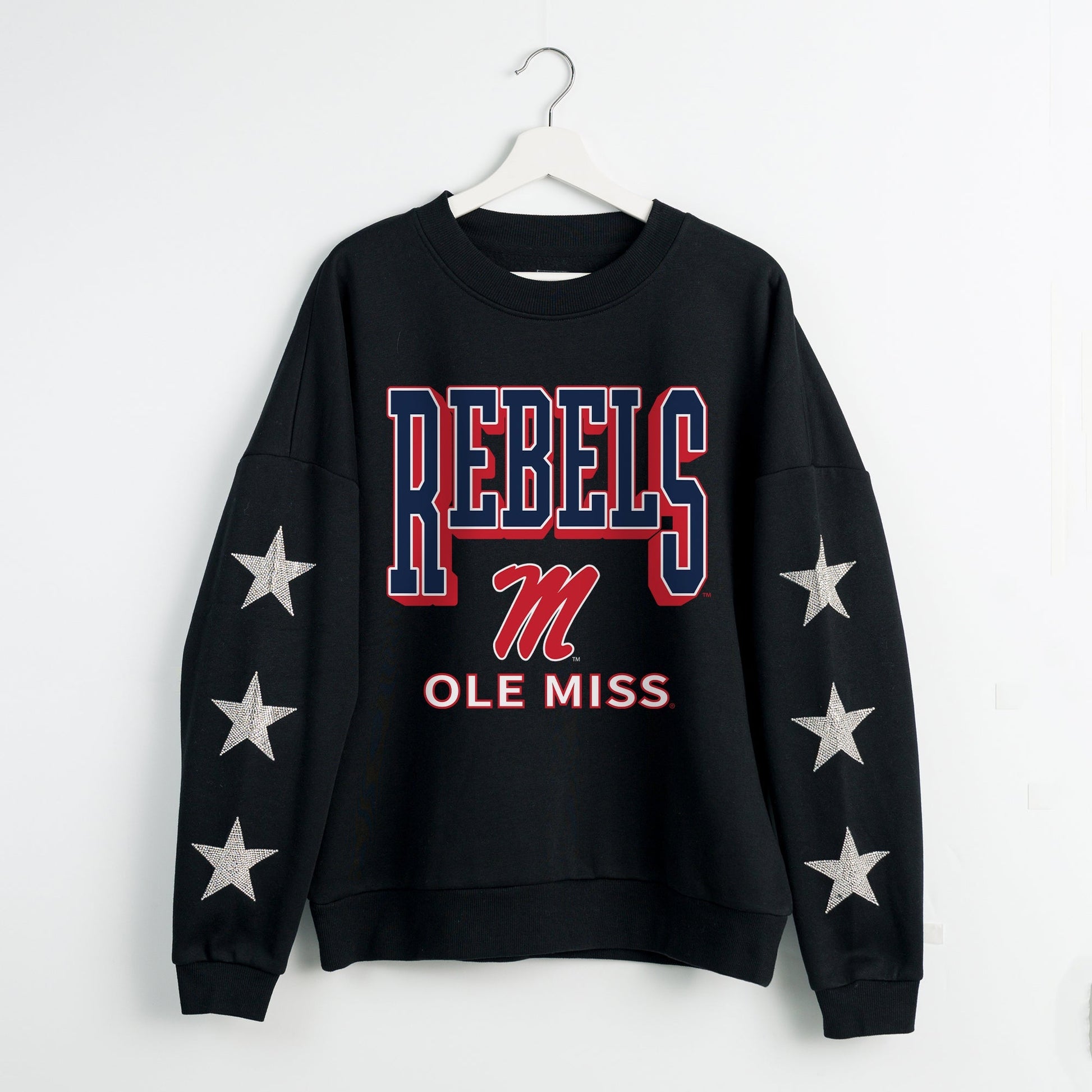 OLE MISS REBELS PURE VICTORY EMBELLISHED STAR SLEEVE CREWNECK PULLOVER