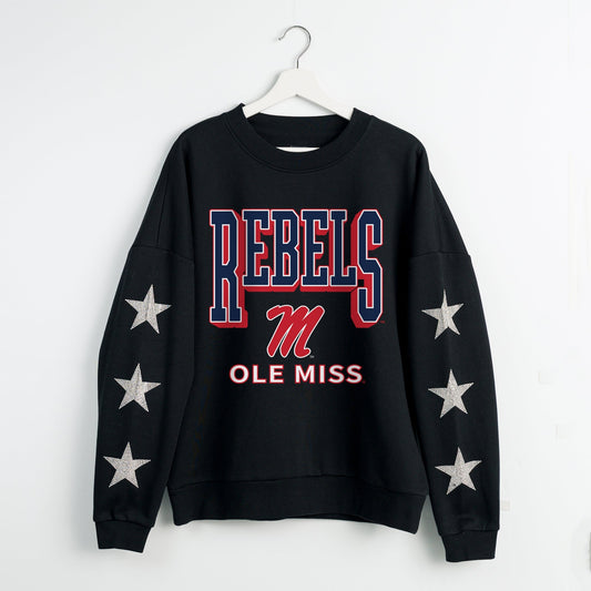 OLE MISS REBELS PURE VICTORY EMBELLISHED STAR SLEEVE CREWNECK PULLOVER