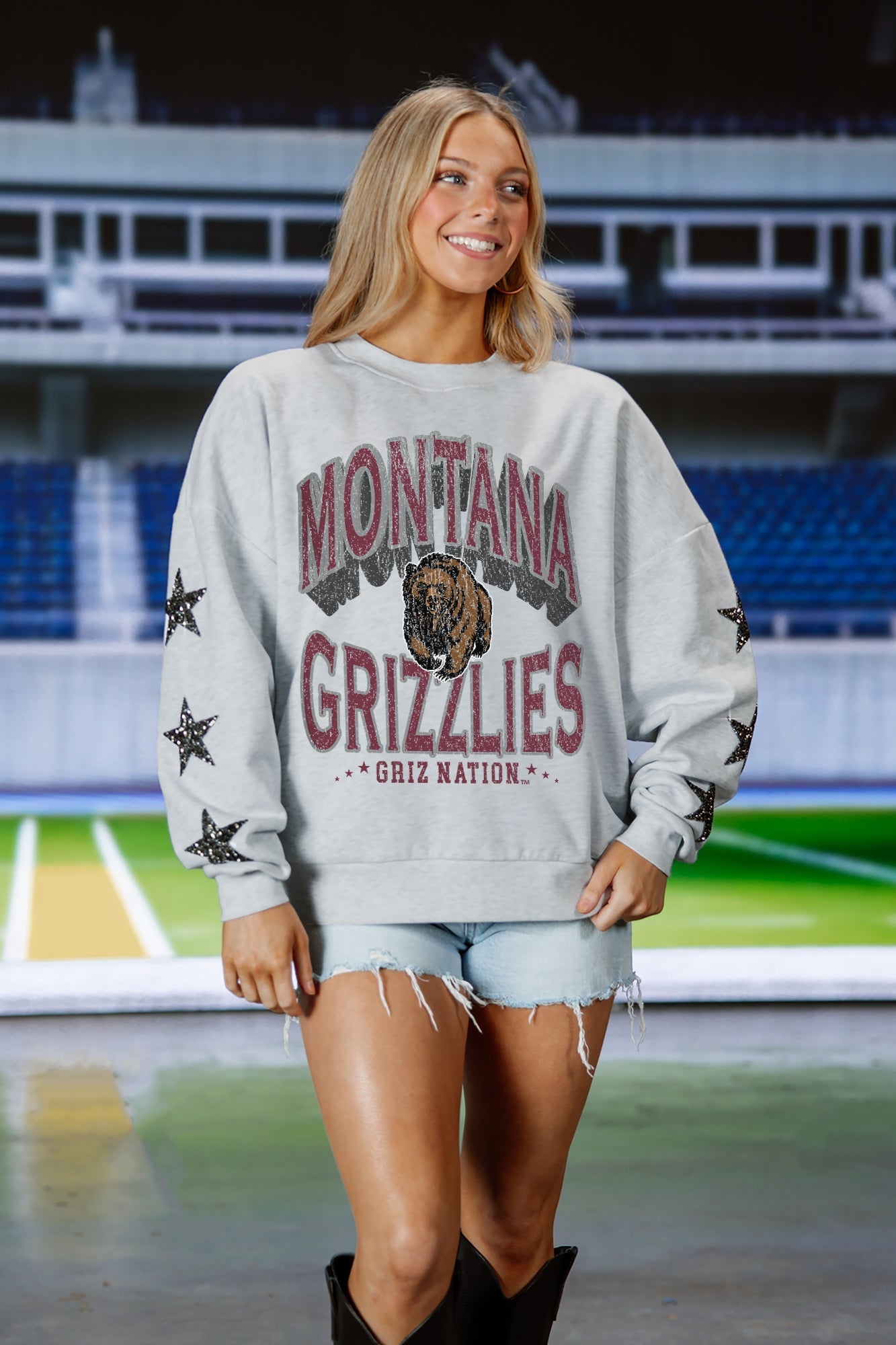 MONTANA GRIZZLIES RESILIENCE STAR EMBELLISHED CREW SWEATSHIRT