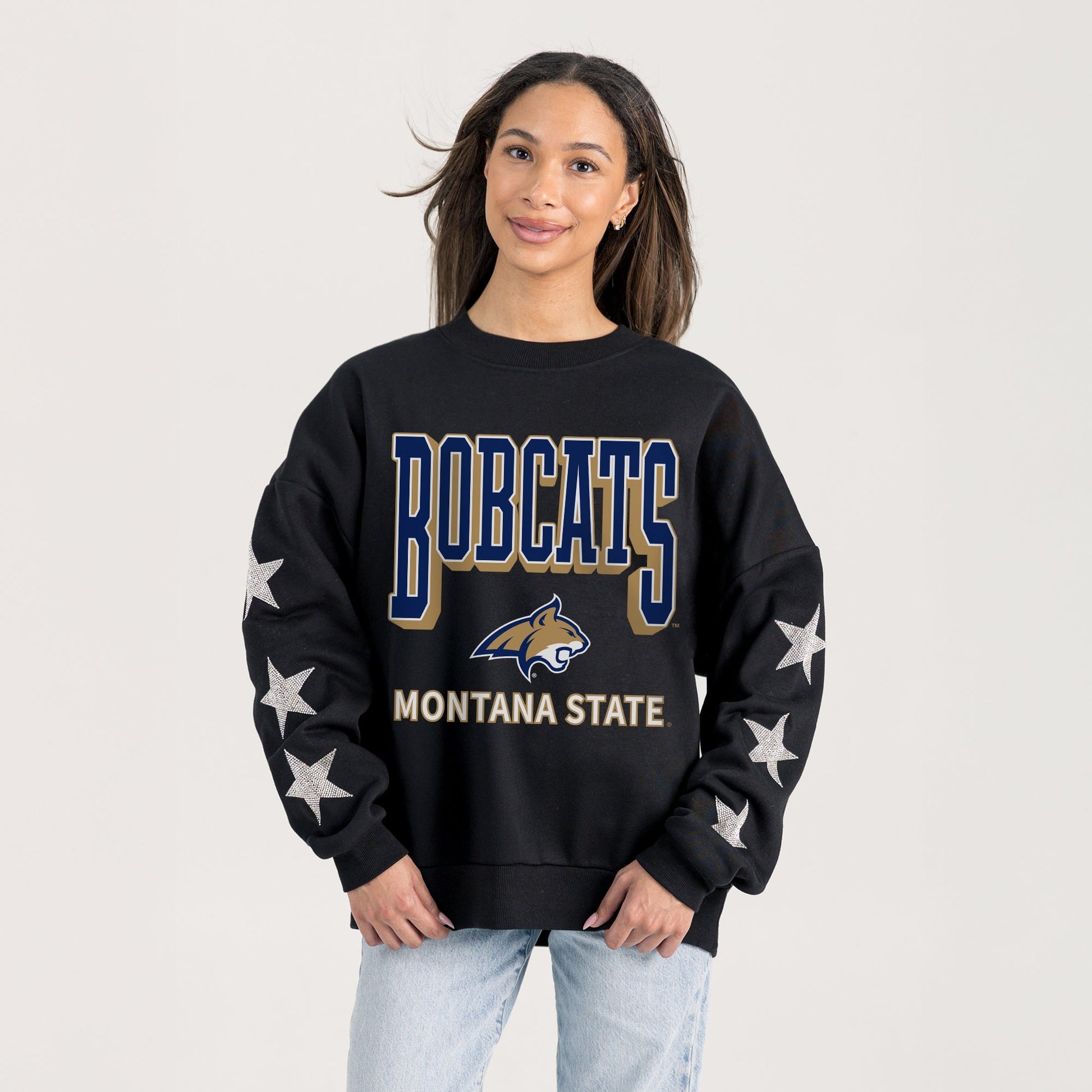 MONTANA STATE BOBCATS PURE VICTORY EMBELLISHED STAR SLEEVE CREWNECK PULLOVER