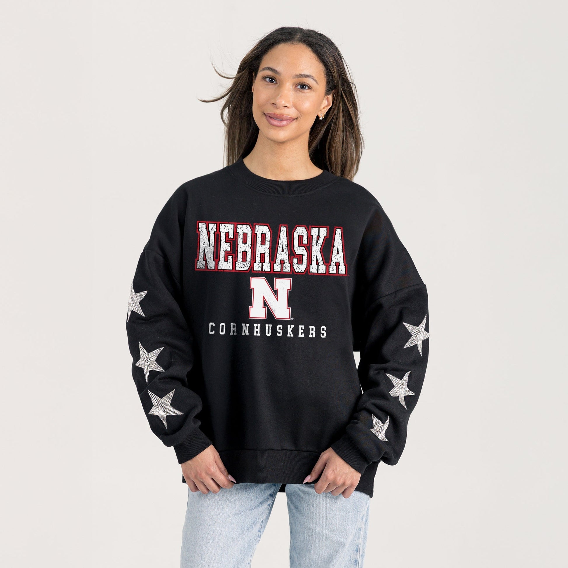 NEBRASKA CORNHUSKERS VELOCITY STAR EMBELLISHED CREW SWEATSHIRT