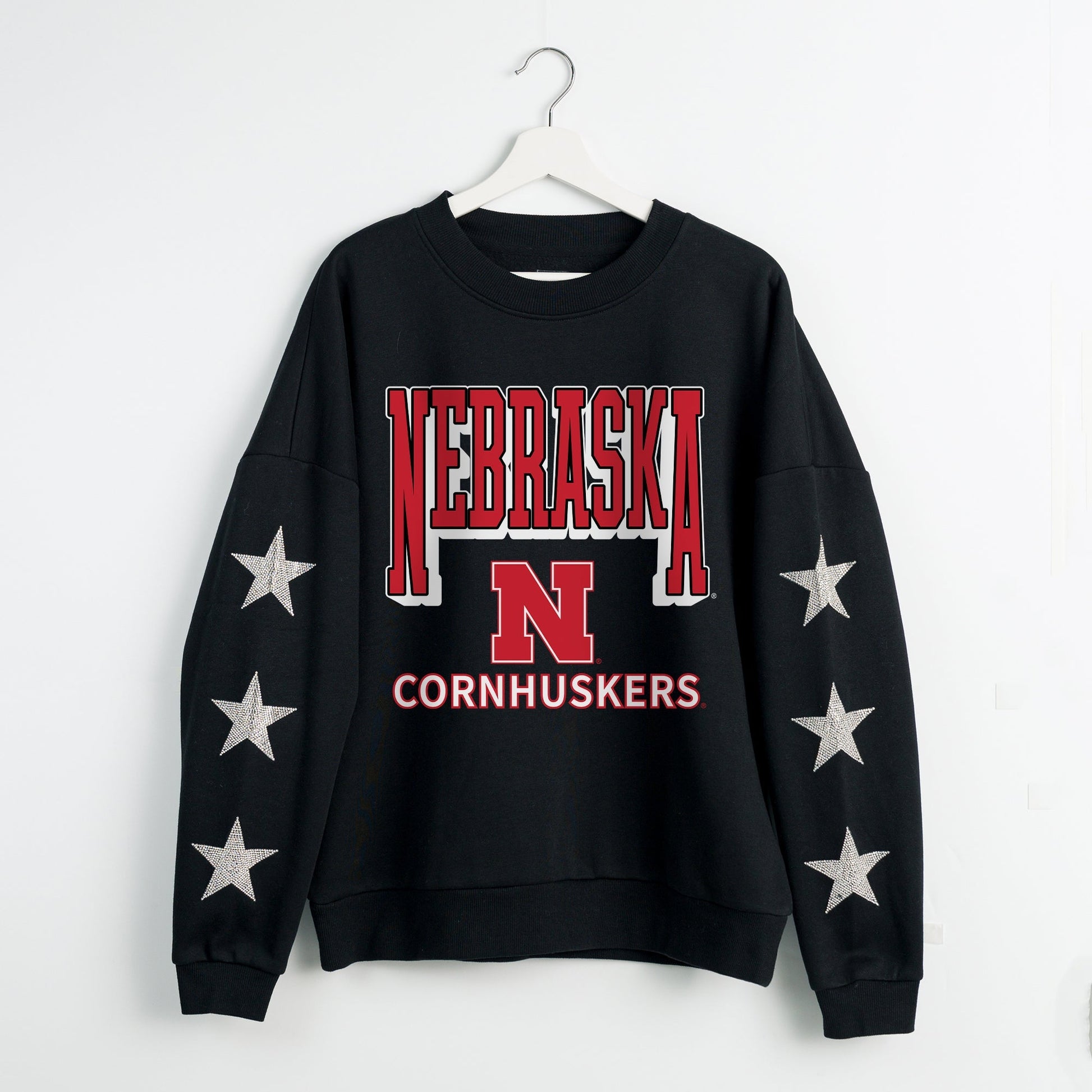 NEBRASKA CORNHUSKERS PURE VICTORY EMBELLISHED STAR SLEEVE CREWNECK PULLOVER