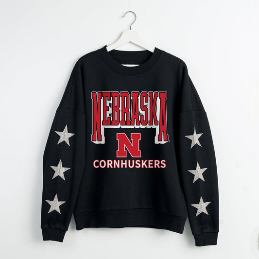 NEBRASKA CORNHUSKERS PURE VICTORY EMBELLISHED STAR SLEEVE CREWNECK PULLOVER