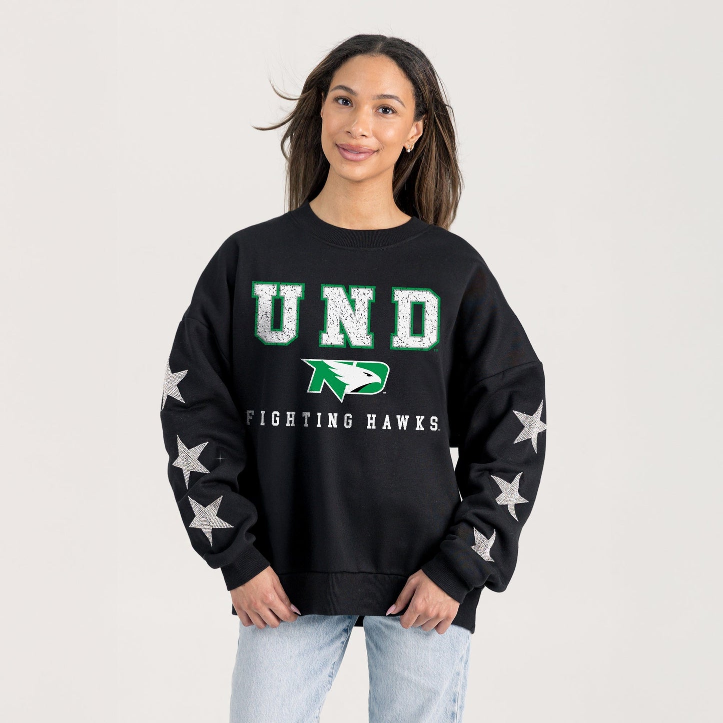 NORTH DAKOTA FIGHTING HAWKS VELOCITY STAR EMBELLISHED CREW SWEATSHIRT