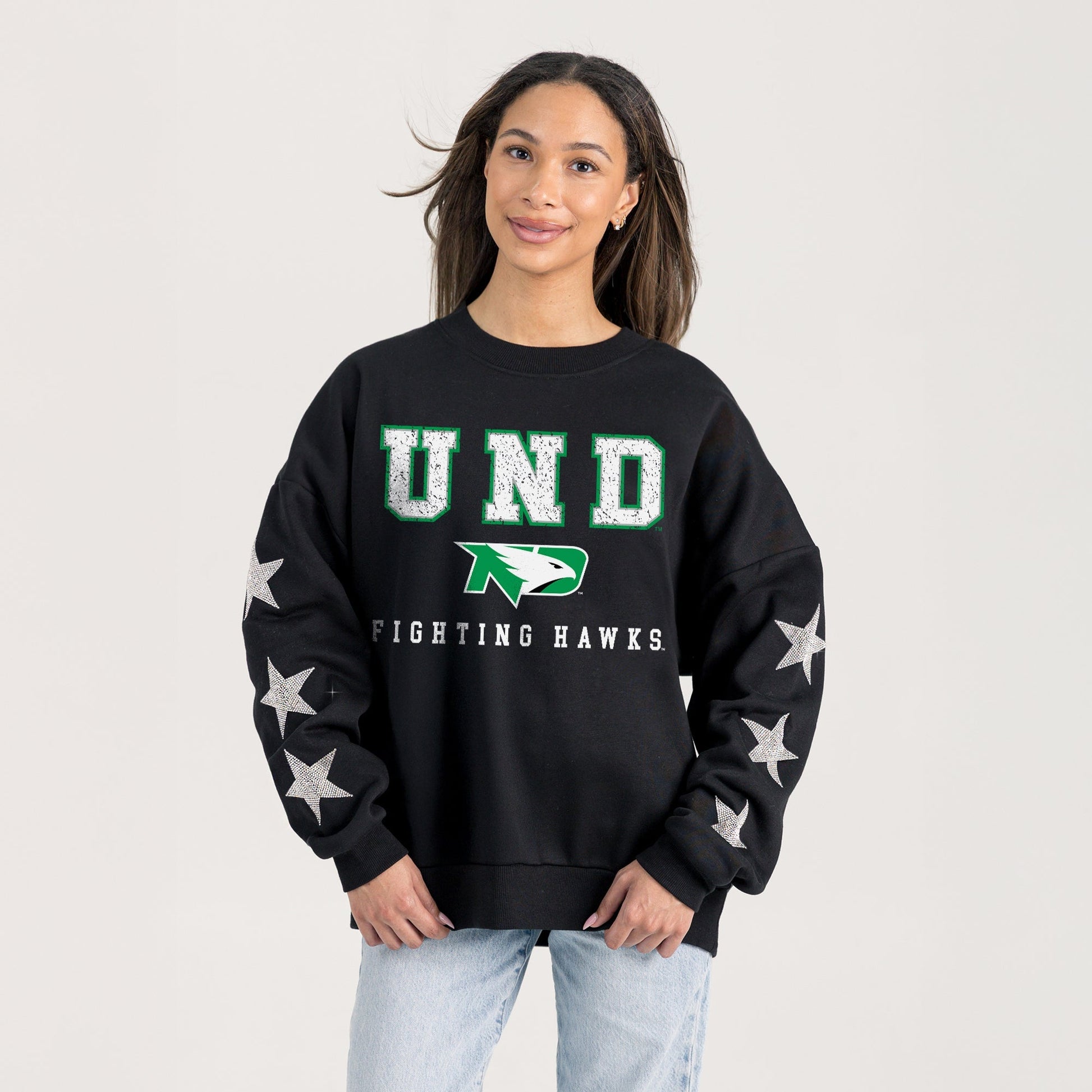 NORTH DAKOTA FIGHTING HAWKS VELOCITY STAR EMBELLISHED CREW SWEATSHIRT