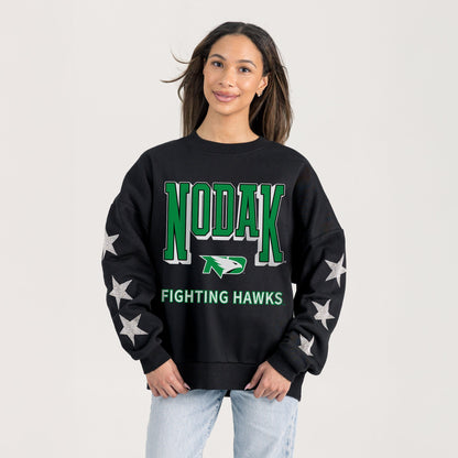NORTH DAKOTA FIGHTING HAWKS PURE VICTORY EMBELLISHED STAR SLEEVE CREWNECK PULLOVER