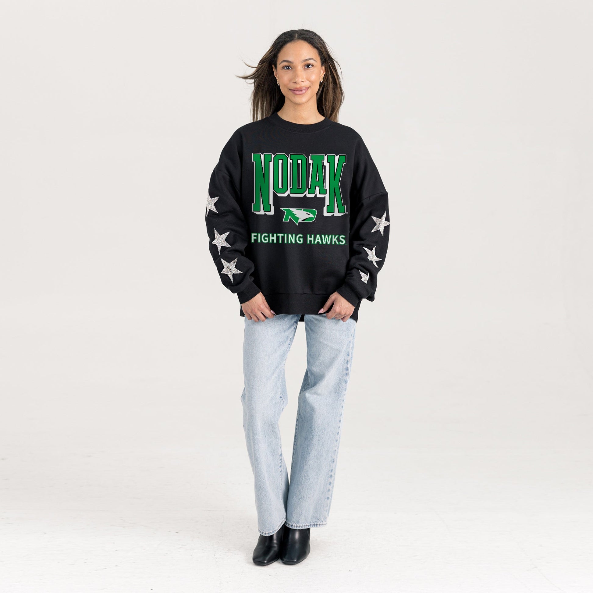 NORTH DAKOTA FIGHTING HAWKS PURE VICTORY EMBELLISHED STAR SLEEVE CREWNECK PULLOVER
