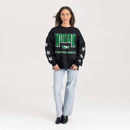NORTH DAKOTA FIGHTING HAWKS PURE VICTORY EMBELLISHED STAR SLEEVE CREWNECK PULLOVER