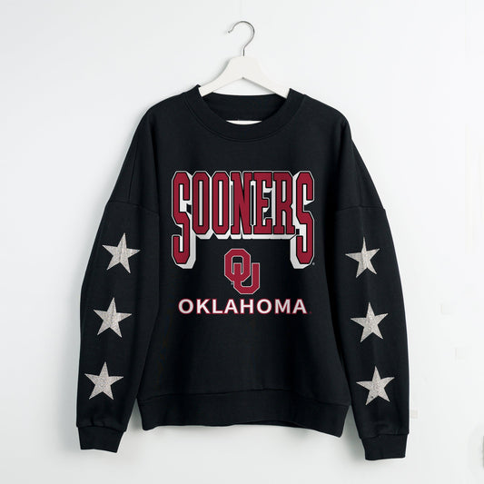 OKLAHOMA SOONERS PURE VICTORY EMBELLISHED STAR SLEEVE CREWNECK PULLOVER