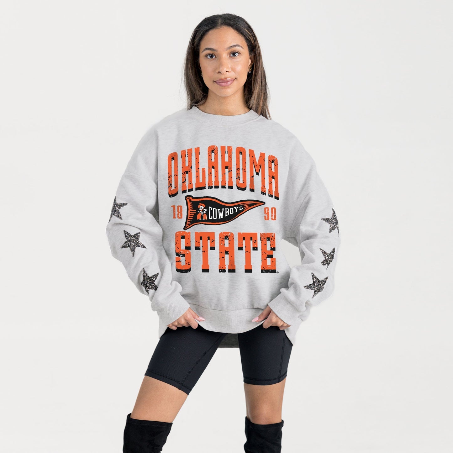 OKLAHOMA STATE COWBOYS PENNANT PRIDE EMBELLISHED STAR SLEEVE CREWNECK PULLOVER
