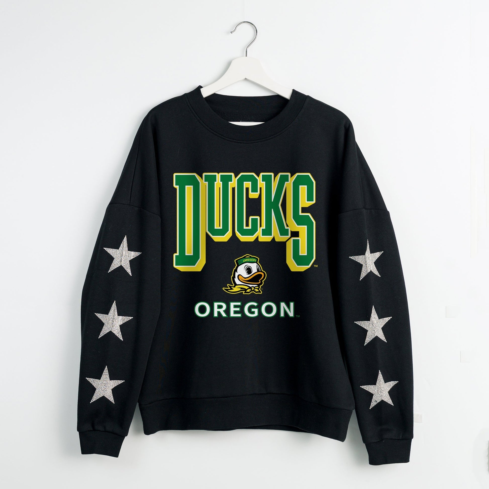 OREGON DUCKS PURE VICTORY EMBELLISHED STAR SLEEVE CREWNECK PULLOVER