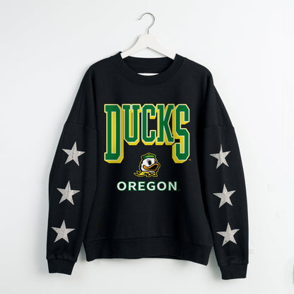 OREGON DUCKS PURE VICTORY EMBELLISHED STAR SLEEVE CREWNECK PULLOVER