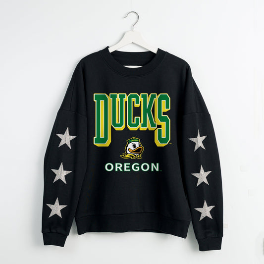 OREGON DUCKS PURE VICTORY EMBELLISHED STAR SLEEVE CREWNECK PULLOVER