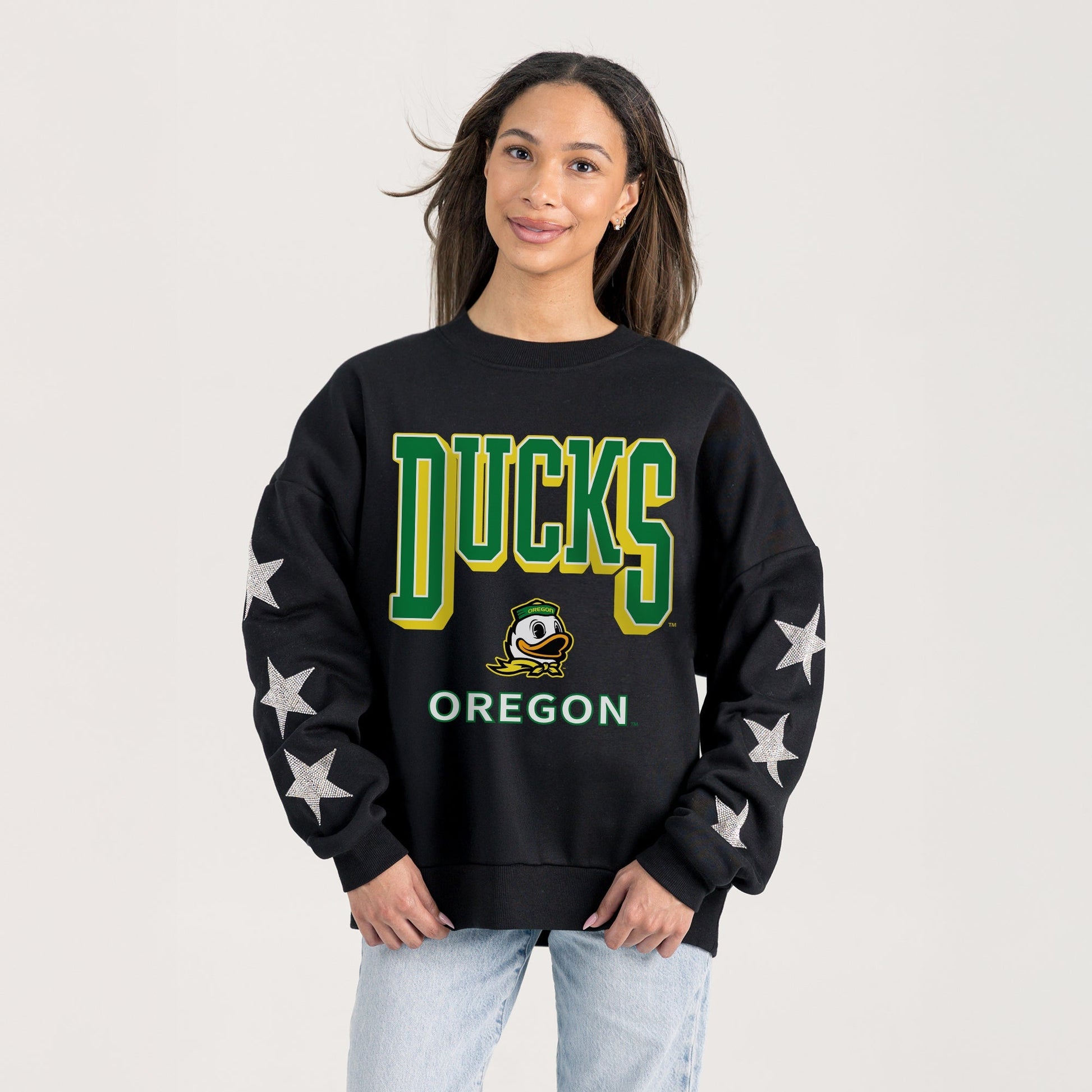 OREGON DUCKS PURE VICTORY EMBELLISHED STAR SLEEVE CREWNECK PULLOVER