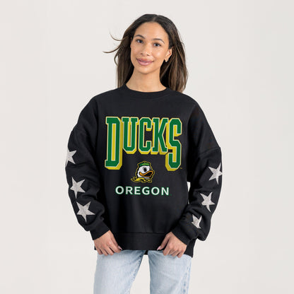 OREGON DUCKS PURE VICTORY EMBELLISHED STAR SLEEVE CREWNECK PULLOVER