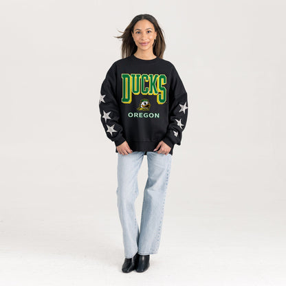 OREGON DUCKS PURE VICTORY EMBELLISHED STAR SLEEVE CREWNECK PULLOVER