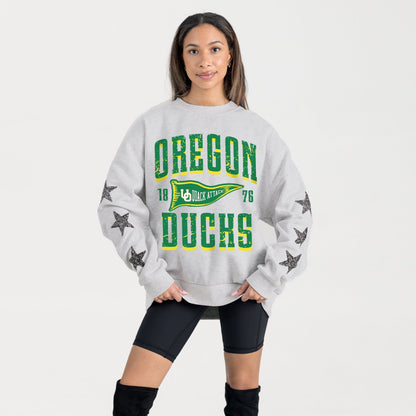 OREGON DUCKS PENNANT PRIDE EMBELLISHED STAR SLEEVE CREWNECK PULLOVER
