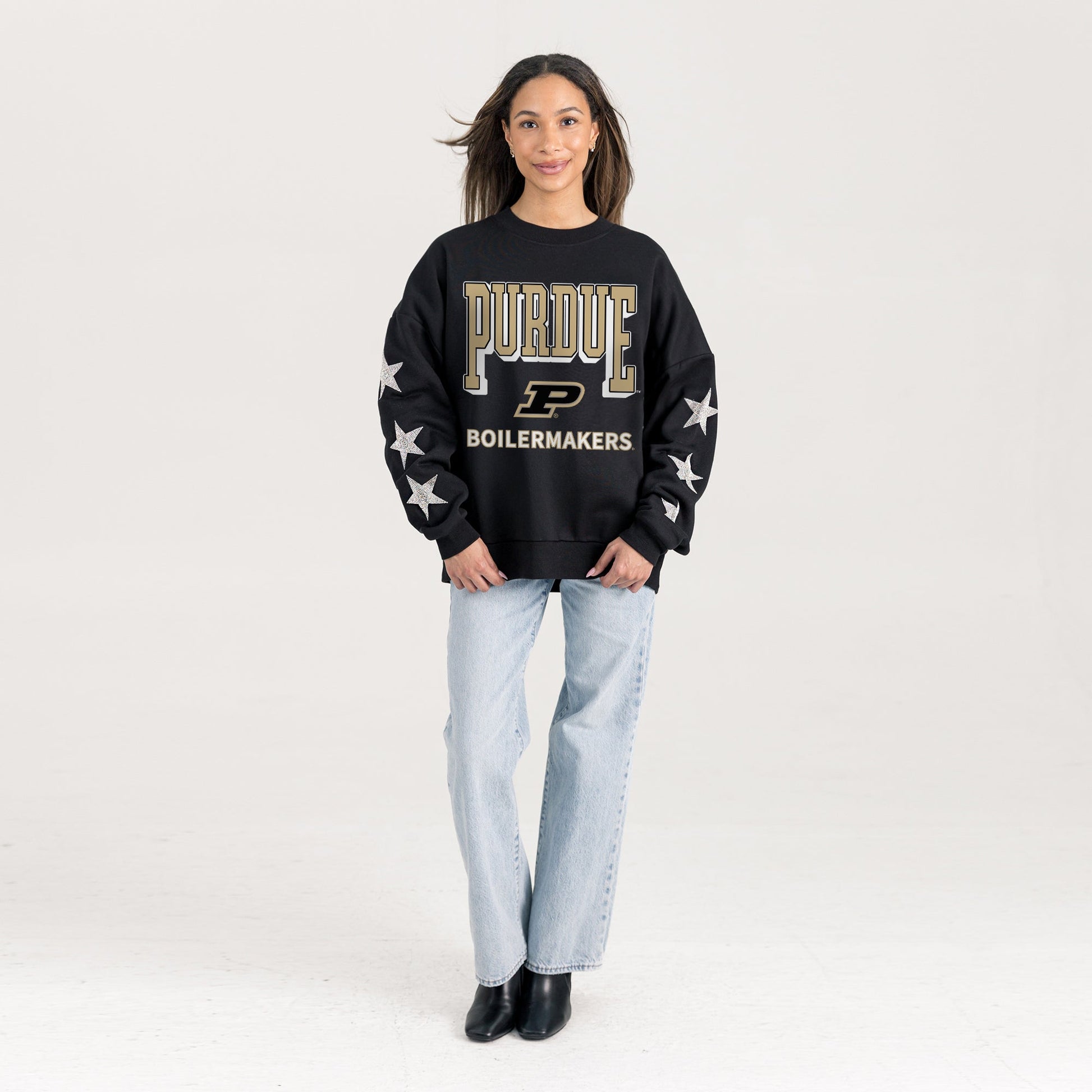 PURDUE BOILERMAKERS PURE VICTORY EMBELLISHED STAR SLEEVE CREWNECK PULLOVER