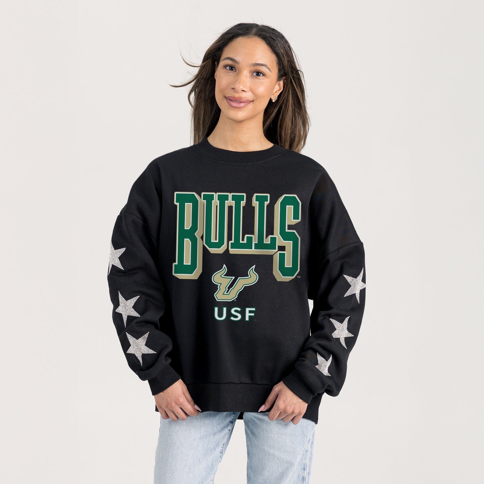 SOUTH FLORIDA BULLS PURE VICTORY EMBELLISHED STAR SLEEVE CREWNECK PULLOVER