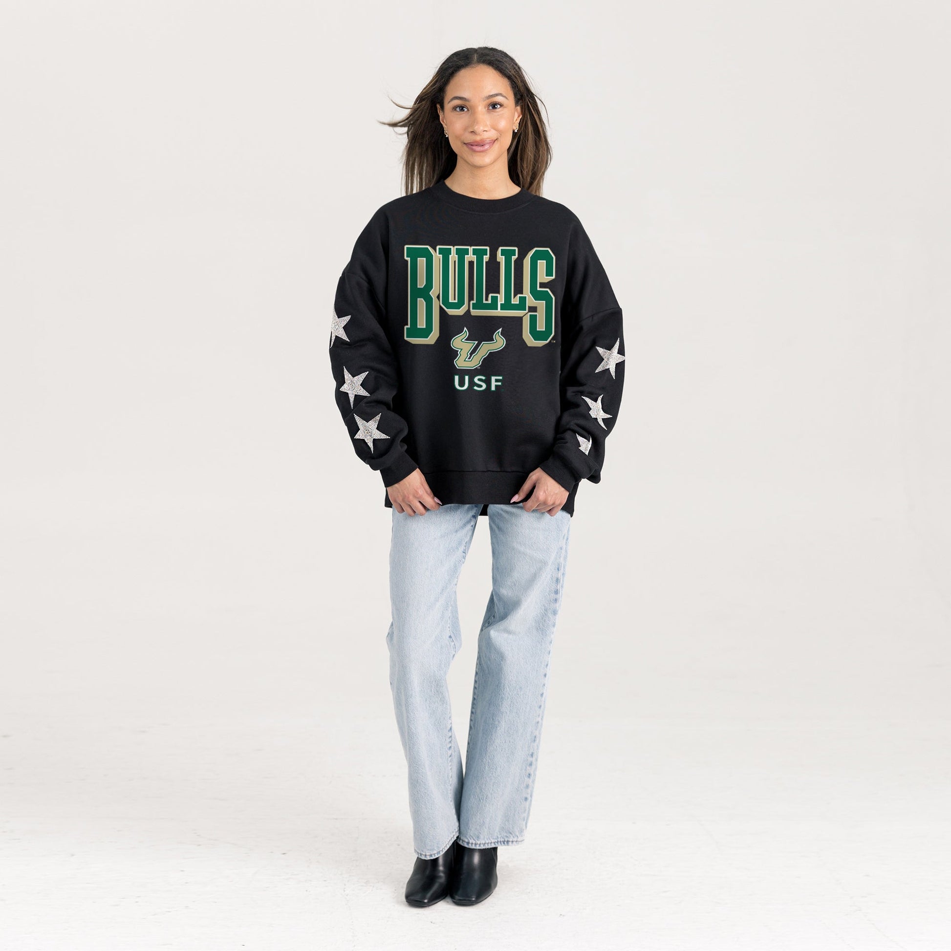 SOUTH FLORIDA BULLS PURE VICTORY EMBELLISHED STAR SLEEVE CREWNECK PULLOVER
