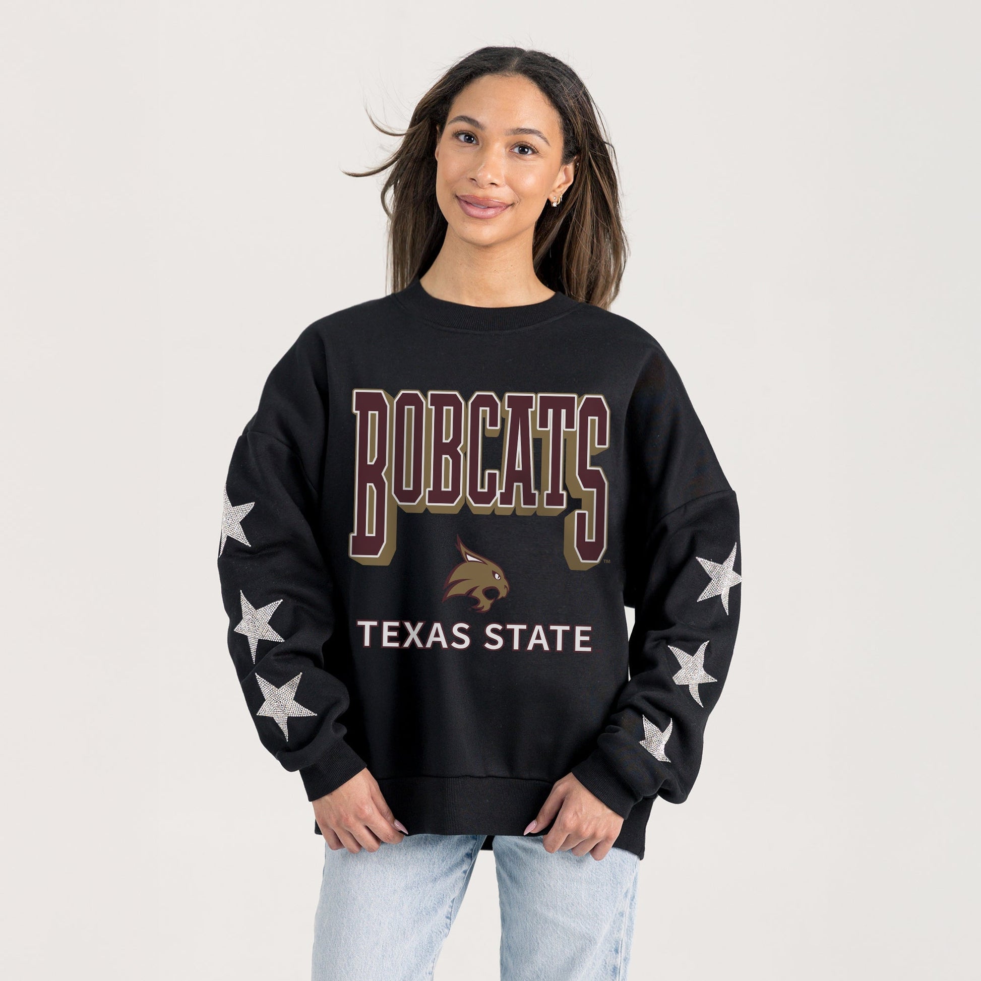 TEXAS STATE BOBCATS PURE VICTORY EMBELLISHED STAR SLEEVE CREWNECK PULLOVER