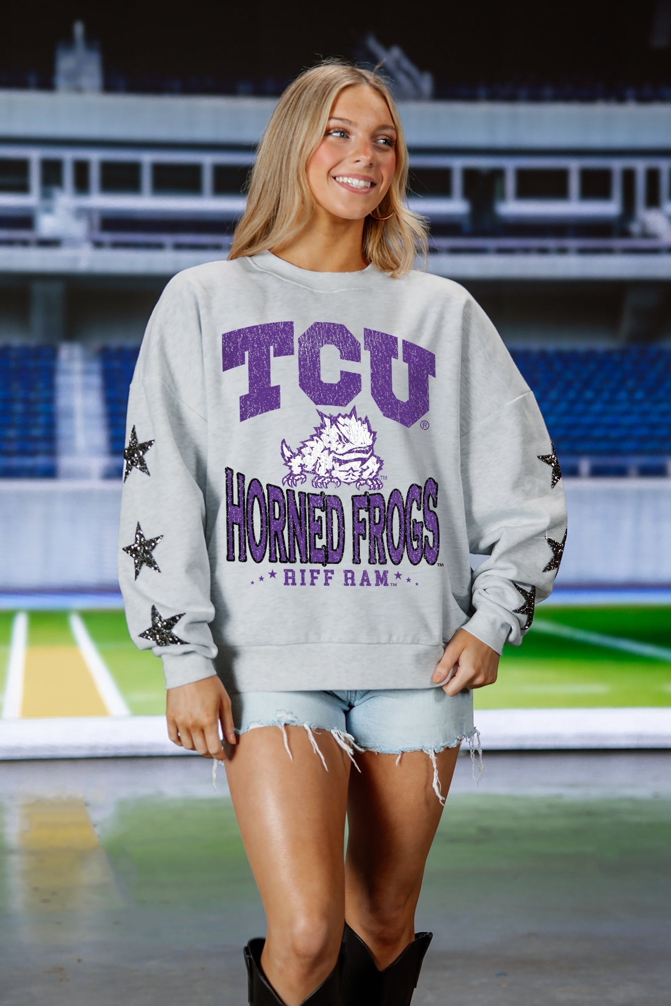 TCU HORNED FROGS RESILIENCE STAR EMBELLISHED CREW SWEATSHIRT