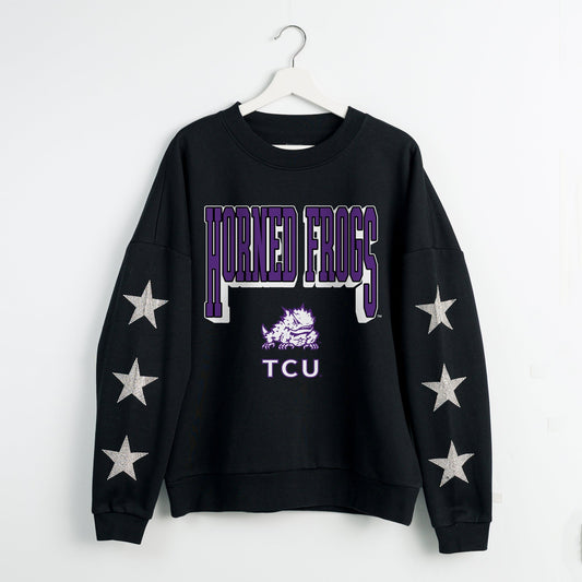 TCU HORNED FROGS PURE VICTORY EMBELLISHED STAR SLEEVE CREWNECK PULLOVER