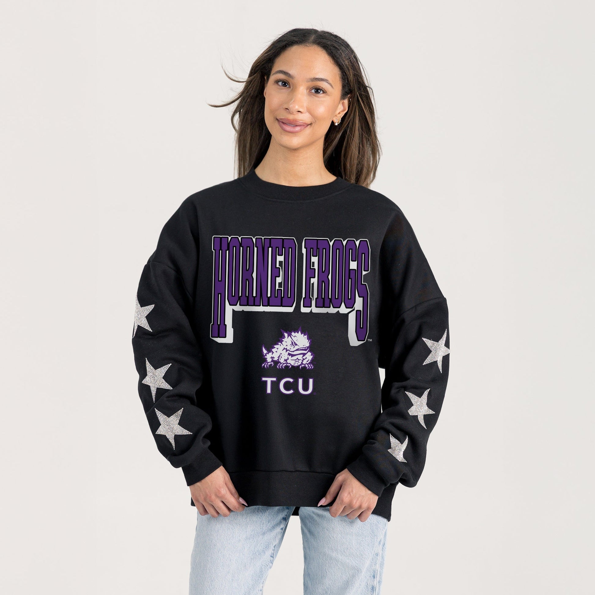 TCU HORNED FROGS PURE VICTORY EMBELLISHED STAR SLEEVE CREWNECK PULLOVER