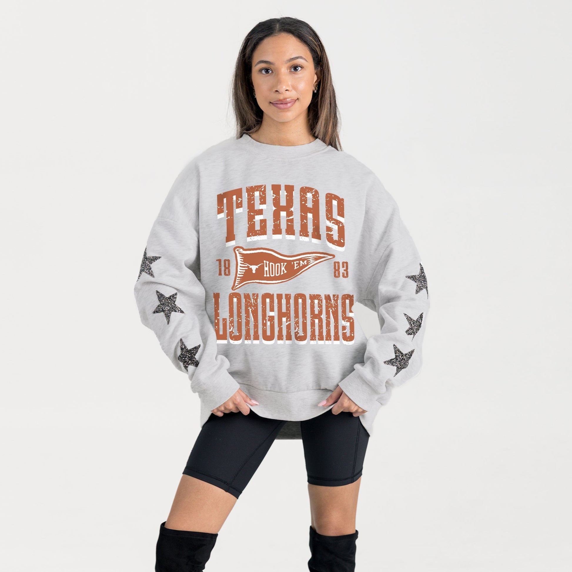 TEXAS LONGHORNS PENNANT PRIDE EMBELLISHED STAR SLEEVE CREWNECK PULLOVER