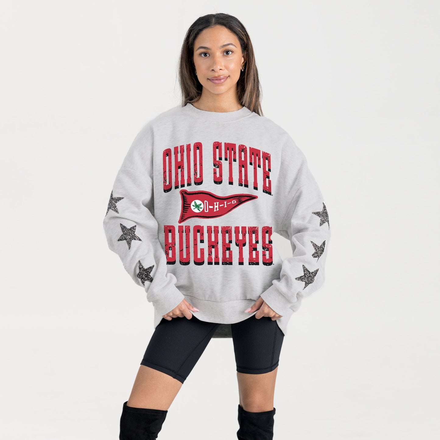 OHIO STATE BUCKEYES PENNANT PRIDE EMBELLISHED STAR SLEEVE CREWNECK PULLOVER