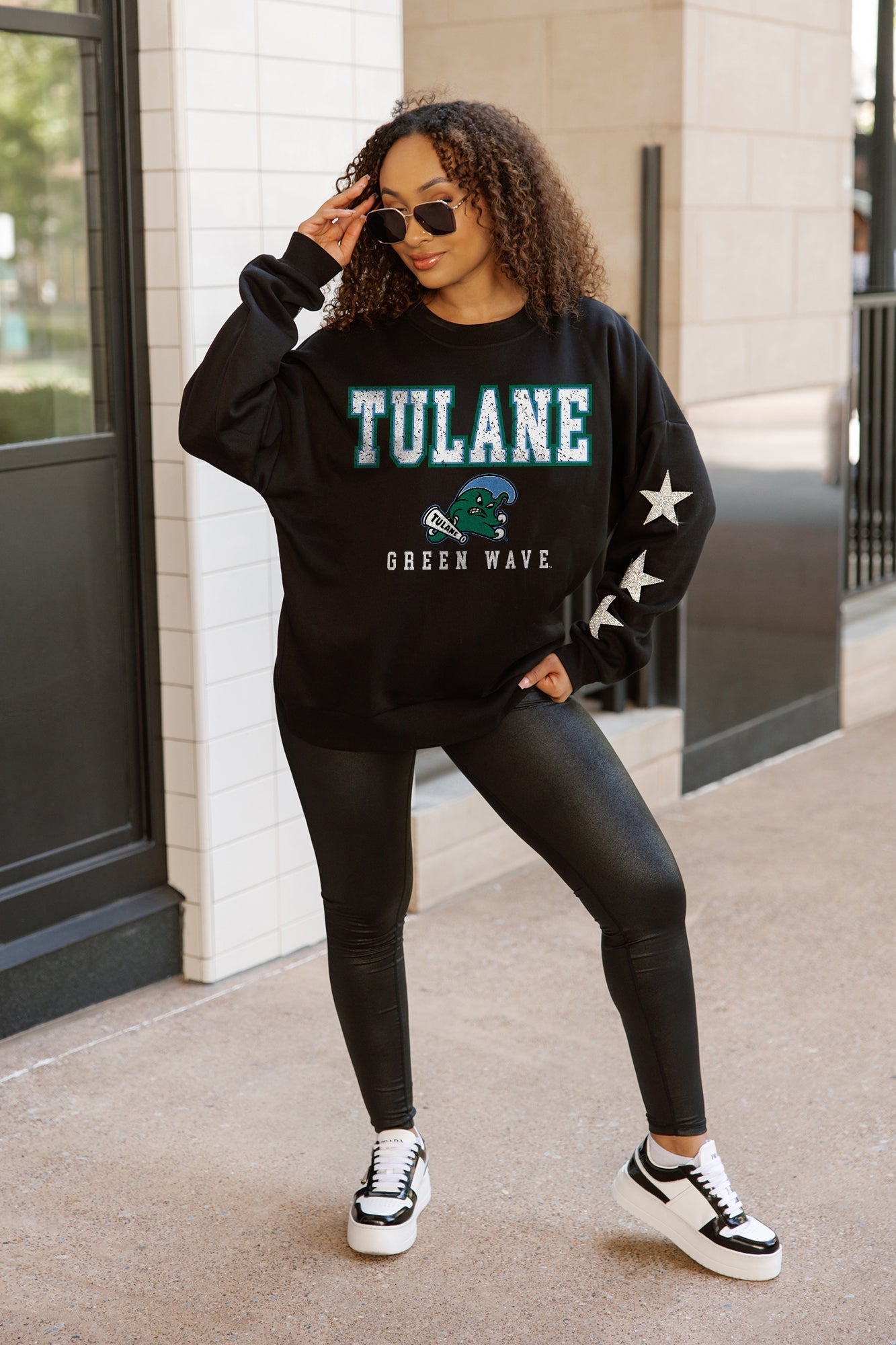 TULANE GREEN WAVE VELOCITY STAR EMBELLISHED CREW SWEATSHIRT