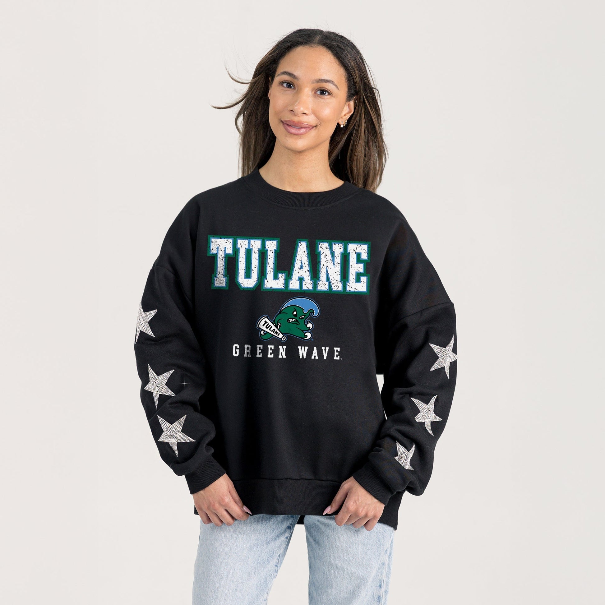 TULANE GREEN WAVE VELOCITY STAR EMBELLISHED CREW SWEATSHIRT