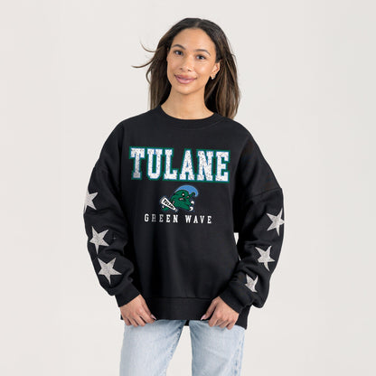 TULANE GREEN WAVE VELOCITY STAR EMBELLISHED CREW SWEATSHIRT