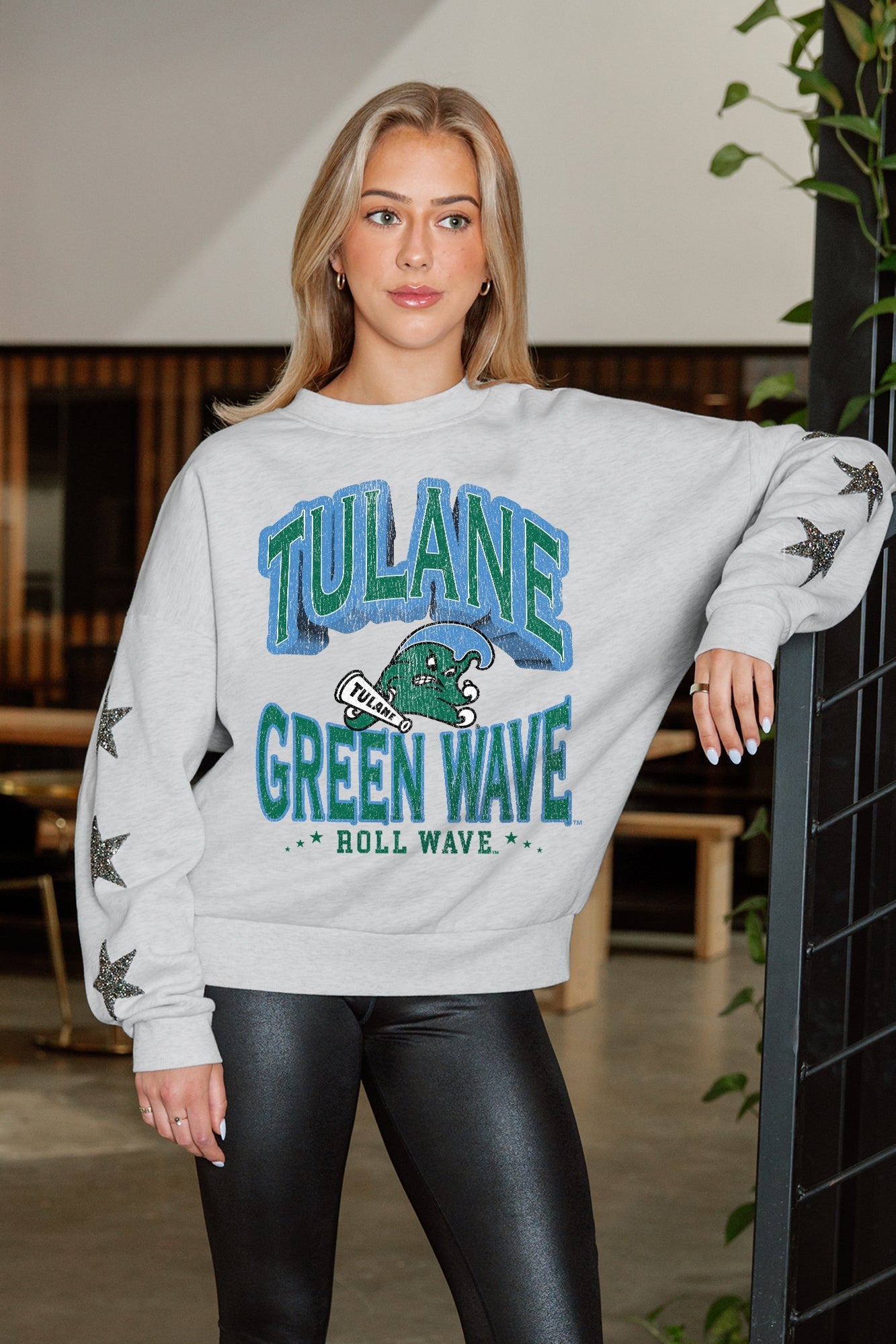 TULANE GREEN WAVE RESILIENCE STAR EMBELLISHED CREW SWEATSHIRT
